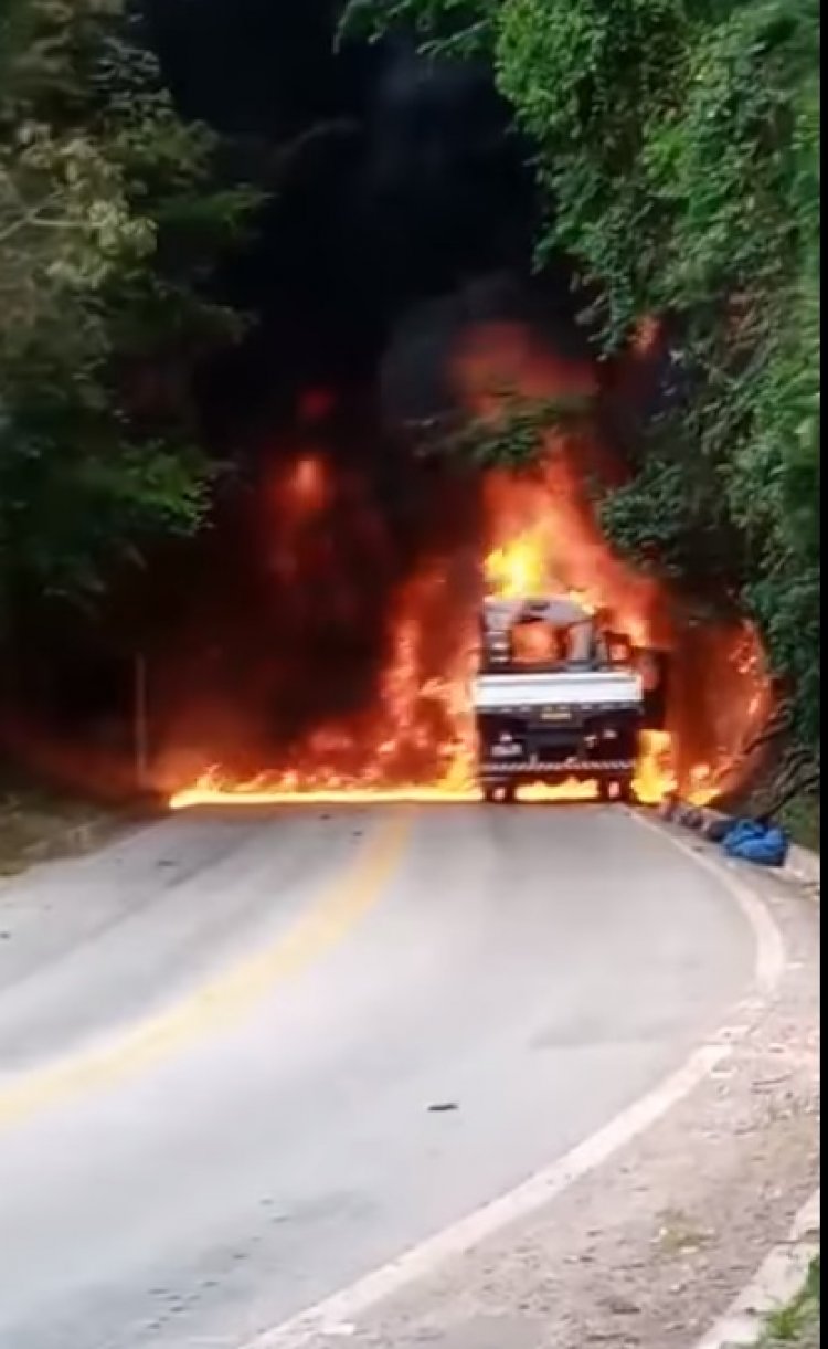 Caminhão pega fogo na ES-482 em Alegre, no Sul do Estado. Veja o vídeo