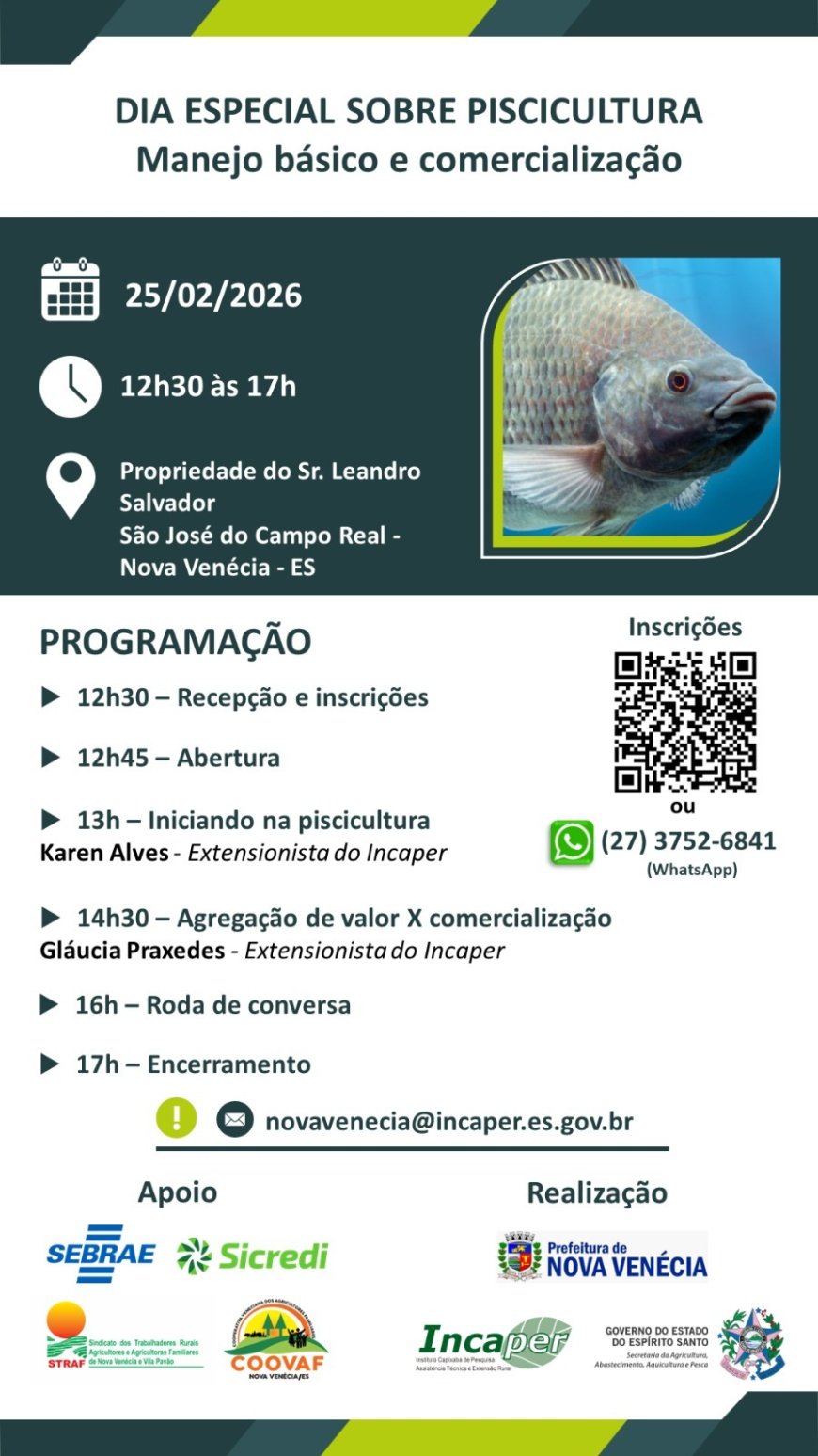 Nova Venécia realiza Dia Especial sobre Piscicultura com foco em manejo e comercialização